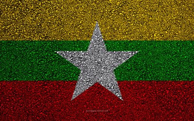 Bandiera del Myanmar, asfalto, trama, bandiera su asfalto, Myanmar, bandiera, Asia, bandiere di paesi Asia