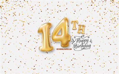 14日お誕生日おめで, 3d風船の文字, お誕生の背景と風船, 14歳の誕生日, 嬉しい14歳の誕生日, 白背景, お誕生日おめで, ご挨拶カード