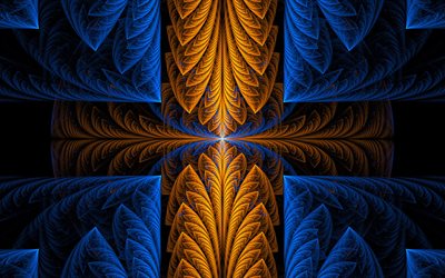 fractais, planos de fundo azul, cruz amarela, Arte 3d, padr&#245;es florais, obras de arte, criativo, arte fractal