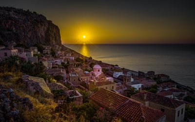 Monemvasia, sunset, sea, beautiful nature, Greece, Europe, greek village