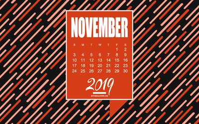 2019 November Kalender, kreativa svart-orange bakgrund, 2019 kreativa kalendrar, November, Kalender f&#246;r November 2019