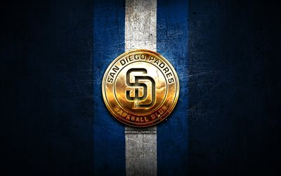 San Diego Pais, ouro logotipo, MLB, metal azul de fundo, americana time de beisebol, Major League Baseball, San Diego Padres logotipo, beisebol, EUA