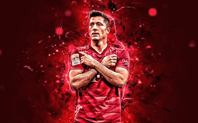 Robert Lewandowski, 2019, Bayern Munich FC, personal celebration, polish footballers, soccer, goal, Lewandowski, Bundesliga, neon lights, Germany