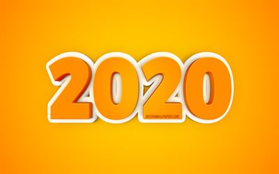 2020 oranssi tausta, 2020 vuosi k&#228;sitteit&#228;, 3d-2020 tausta, Hyv&#228;&#228; Uutta Vuotta, 2020 k&#228;sitteit&#228;, luova 3d art, 2020, keltainen tausta