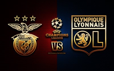 Benfica vs Olympique Lyonnais squadra di calcio, Gruppo G di UEFA Champions League, stagione 2019-2020, logo dorato, il Benfica FC, Olimpico LyonnaisFC, UEFA, il Benfica FC vs Olympique Lyonnais FC