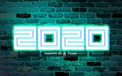 2020 light blue neon digits, 4k, Happy New Year 2020, light blue brickwall, 2020 neon art, 2020 concepts, light blue neon digits, 2020 on blue background, 2020 year digits