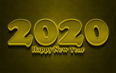 2020 yellow 3D digits, grunge, Happy New Year 2020, yellow metal background, 2020 neon art, 2020 concepts, yellow neon digits, 2020 on yellow background, 2020 year digits