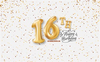 16th Happy Birthday, 3d balloons letters, Birthday background with balloons, 16 Years Birthday, Happy 16th Birthday, white background, Happy Birthday, greeting card, Happy 16 Years Birthday