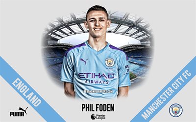 Phil Foden, el Manchester City FC, retrato, futbolista ingl&#233;s, centrocampista, de la Premier League, Inglaterra, el Manchester City futbolistas 2020, el f&#250;tbol, el Etihad Stadium