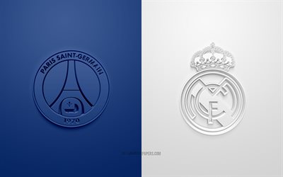 PSG vs Real Madrid, Liga Dos Campe&#245;es, 2019, promo, partida de futebol, Grupo Um, A UEFA, Europa, O PSG, O Real Madrid, Arte 3d, Logo em 3d, O Paris Saint-Germain