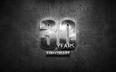 30周年記念, 白銀号, 創造, 周年記念の概念, 灰色の金属の背景, 銀30周年記念サイン