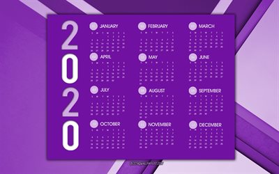Violet 2020 Calendrier, tous les mois, violet abstrait arri&#232;re-plan, un calendrier pour 2020, art cr&#233;atif, 2020 Calendrier