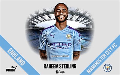 Raheem Sterling, Manchester City FC, portre, İngiliz futbolcu, orta saha oyuncusu, Premier Lig, İngiltere, Manchester City futbolcular 2020, futbol, Etihad Stadyumu