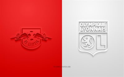 RB Leipzig vs Olympique Lyonnais, Liga Dos Campe&#245;es, 2019, promo, partida de futebol, Grupo G, A UEFA, Europa, RB Leipzig, O Olympique Lyonnais, Arte 3d, Logo em 3d