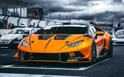 4k, Lamborghini Huracan, carros de corrida, 2019 carros, raceway, hypercars, laranja Huracan, supercarros, carros italianos, Lamborghini