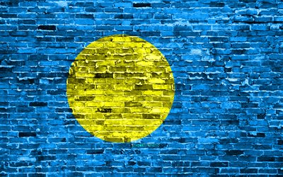 4k, Palau flag, bricks texture, Oceania, national symbols, Flag of Palau, brickwall, Palau 3D flag, Oceanian countries, Palau