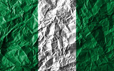 Nig&#233;rian drapeau, 4k, papier froiss&#233;, les pays Africains, cr&#233;atif, Drapeau du Nigeria, les symboles nationaux, l&#39;Afrique, le Nigeria 3D drapeau, Nigeria