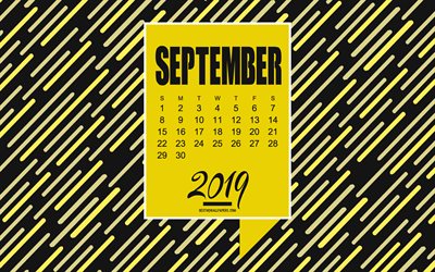 Syyskuussa 2019 Kalenteri, keltainen-musta tausta, luova tausta, Syyskuussa, 2019, creative art, 2019 Syyskuu Kalenteri