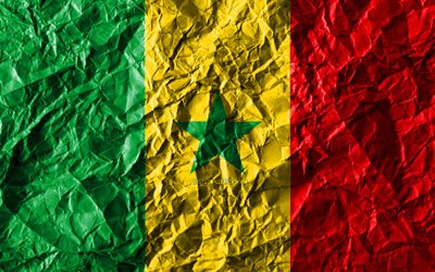 Los senegaleses de la bandera, 4k, papel arrugado, los pa&#237;ses Africanos, creativo, Bandera de Senegal, los s&#237;mbolos nacionales, &#193;frica, Senegal 3D de la bandera, Senegal
