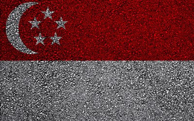 Bandeira de Cingapura, a textura do asfalto, sinalizador no asfalto, Singapura bandeira, &#193;sia, Singapura, bandeiras dos pa&#237;ses da &#193;sia
