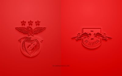 SL Benfica vs RB Leipzig, Liga Dos Campe&#245;es, 2019, promo, partida de futebol, Grupo G, A UEFA, Europa, SL Benfica, RB Leipzig, Arte 3d, Logo em 3d
