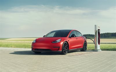 Novitec, Tesla Model 3, 2019, exterior, vista de frente, rojo coche el&#233;ctrico, rojo nuevo Modelo 3, coches el&#233;ctricos, Tesla, carga del coche el&#233;ctrico