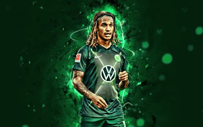 Kevin Mbabu, 2019, VfL Wolfsburg, schweiziska fotbollsspelare, fotboll, Melingo Kevin Mbabu, Bundesliga, neon lights, Tyskland