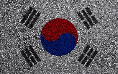 Bandiera della Corea del Sud, asfalto, trama, bandiera su asfalto, Corea del Sud, bandiera, Asia, bandiere di paesi Asia