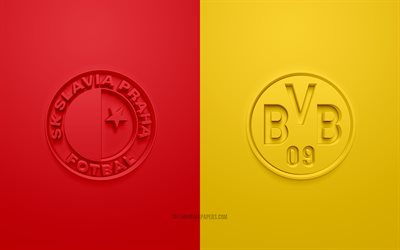 Slavia Prague vs Borussia Dortmund, de la Liga de Campeones, 2019, promo, partido de f&#250;tbol, Grupo F de la UEFA, Europa, el Borussia Dortmund, RB Leipzig, arte 3d, 3d logo