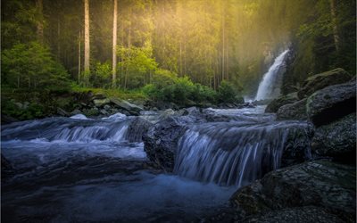 waterfall, forest, evening, sunset, green trees, beautiful waterfall