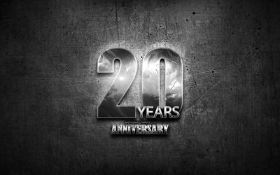 20 Years Anniversary, silver signs, creative, anniversary concepts, 20th anniversary, gray metal background, Silver 20th anniversary sign