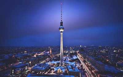 Torre de TELEVISÃO de berlim, noturnas, Alemanha, torre de televisão, Europa, Torre de TV