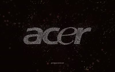 Acer glitter logo, 4k, black background, Acer logo, white glitter art, Acer, creative art, Acer white glitter logo