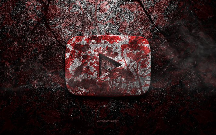 Logo Youtube, arte grunge, logo pietra Youtube, texture pietra rossa, Youtube, texture pietra grunge, emblema Youtube, logo Youtube 3d
