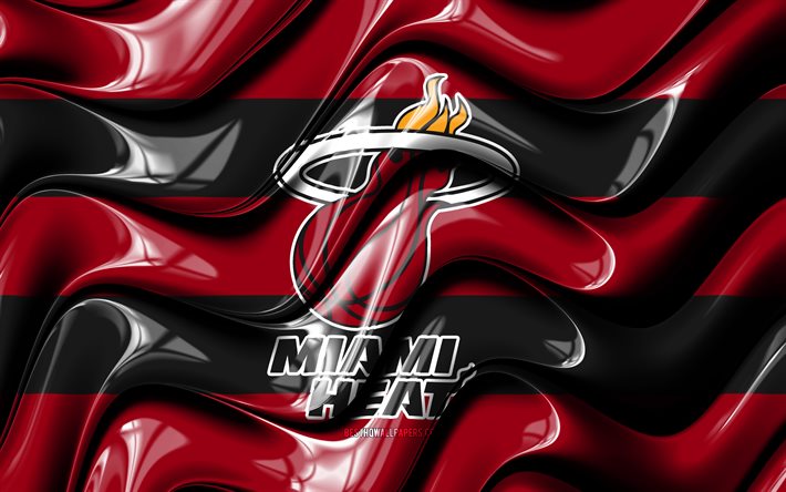 Miami Heat, 4k, vagues 3D rouges et noires, NBA, &#233;quipe am&#233;ricaine de basket-ball, logo Miami Heat, basket-ball