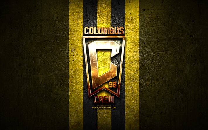 Columbus Crew uusi logo, MLS, kultainen logo, keltainen metallitausta, amerikkalainen jalkapalloseura, Columbus Crew FC, United Soccer League, Columbus Crew logo, jalkapallo