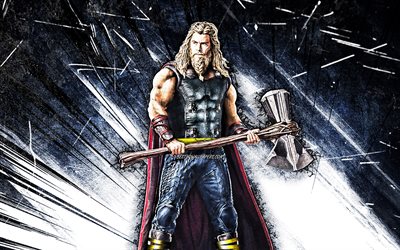4k, Thor, grunge-taide, supersankarit, Marvel Comics, siniset abstraktit s&#228;teet, Chris Hemsworth, Thor 4K