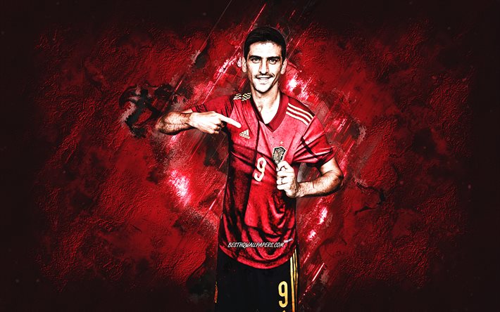 Gerard Moreno, sele&#231;&#227;o espanhola de futebol, futebolista espanhol, retrato, Espanha, futebol, fundo de pedra vermelha