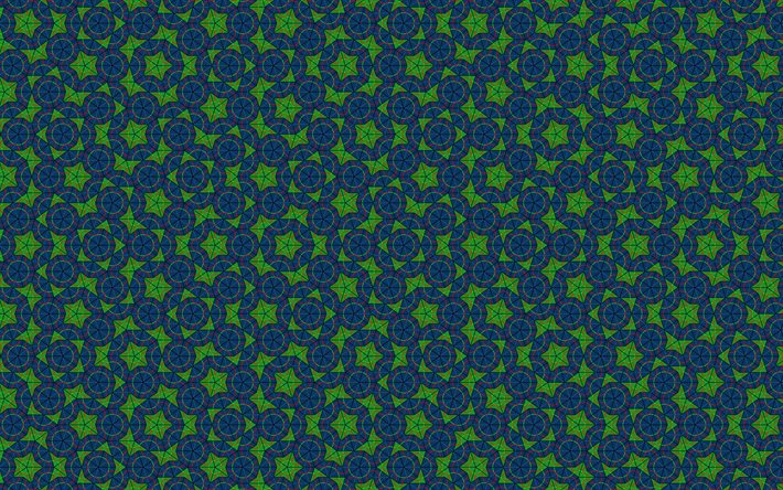 vihre&#228; kukkakuvio, 4k, siniset taustat, abstraktit kukkakuviot, abstraktit taustat, kukkakuviot