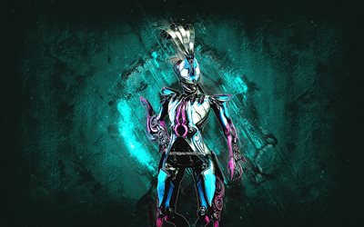 Octavia Prime, Warframe, turquoise stone background, Warframe characters, Octavia Prime Warframe, Octavia Prime skin, creative art