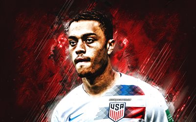 Sergino Dest, United States national soccer team, american football player, soccer, red stone background, grunge art, USA