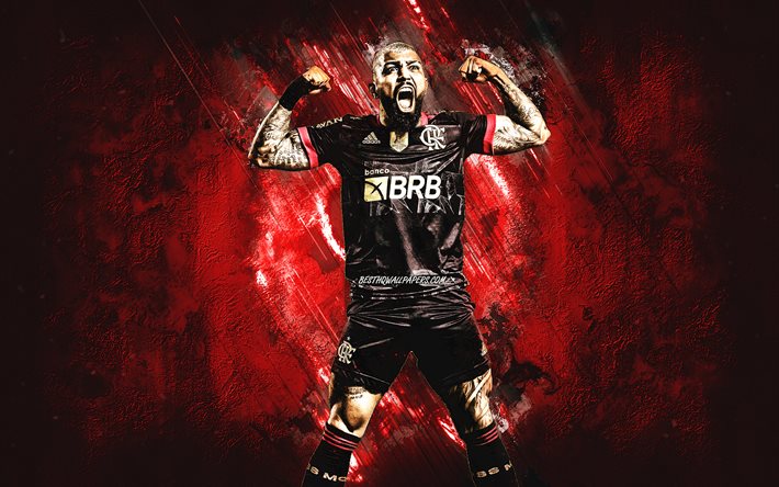 Gabriel Barbosa, Flamengo, brasiliansk fotbollsspelare, r&#246;d stenbakgrund, grungekonst, Clube de Regatas do Flamengo