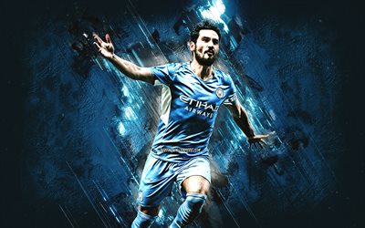 Ilkay Gundogan, Manchester City FC, German footballer, blue stone background, football, Premier League, England, Ilkay Gundogan art