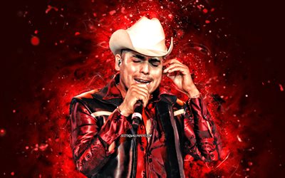 Espinoza Paz, 4k, red neon lights, mexican singer, music stars, mexican celebrity, Isidro Chavez Espinoza, Espinoza Paz with microphone, superstars, Espinoza Paz 4K