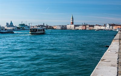 Venezia, navi, Palazzo Ducale, skyline di Venezia, paesaggio urbano di Venezia, baia, Italia