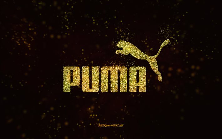 Puma glitter logotyp, 4k, svart bakgrund, Puma logotyp, gul glitter konst, Puma, kreativ konst, Puma gul glitter logotyp