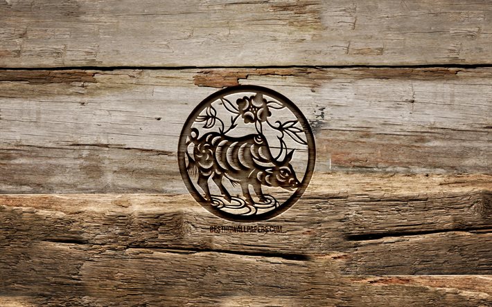 Ox zodiac sign, 4k, chinese zodiac, carving signs, Chinese calendar, Ox zodiac, wooden backgrounds, Chinese Zodiac Signs, creative, Ox
