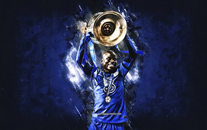 NGolo Kante, Chelsea FC, Champions League Cup, French footballer, portrait, football, blue stone background, grunge art
