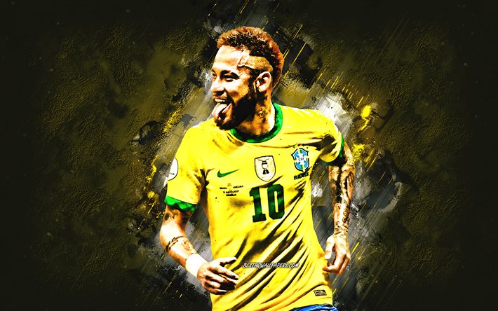 Neymar Jr, Sele&#231;&#227;o Brasileira de Futebol, retrato, fundo de pedra amarela, arte grunge, Brasil, Neymar, futebol