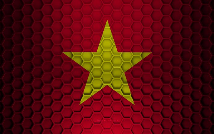 Drapeau du Vietnam, texture des hexagones 3d, Vietnam, texture 3d, drapeau du Vietnam 3d, texture en m&#233;tal, drapeau du Vietnam